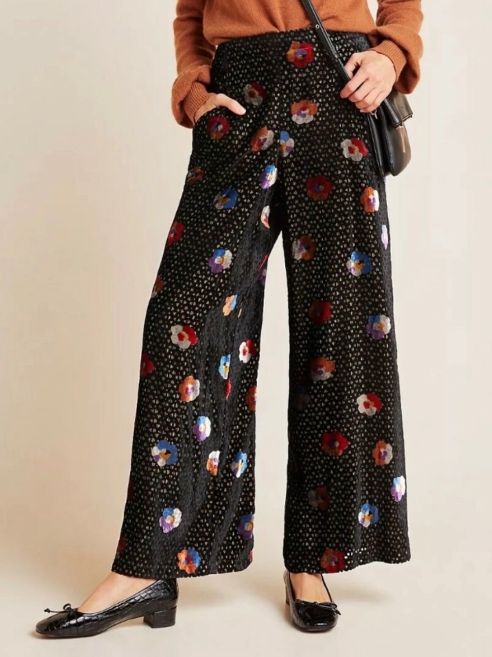 Anthropologie Eva Franco Pasquette Velvet Wide Leg Pants Women's 2 Velvet Floral